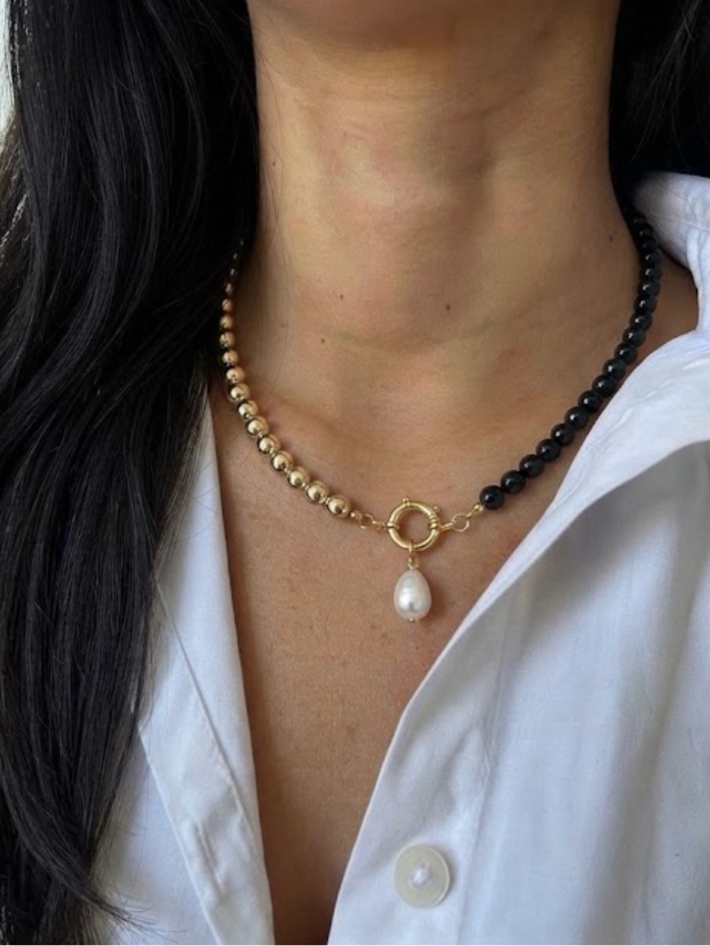 Gold & Black Obsidian Beaded Pearl Drop Necklace